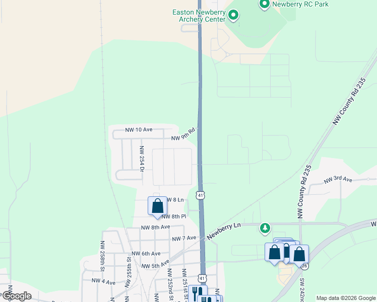 map of restaurants, bars, coffee shops, grocery stores, and more near 946 North West 250 Drive in Newberry