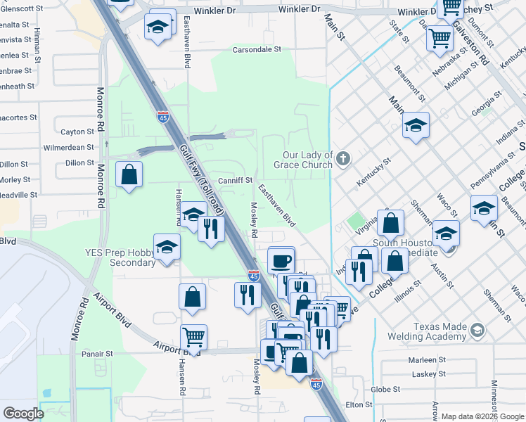 map of restaurants, bars, coffee shops, grocery stores, and more near 7635 Mosley Road in Houston