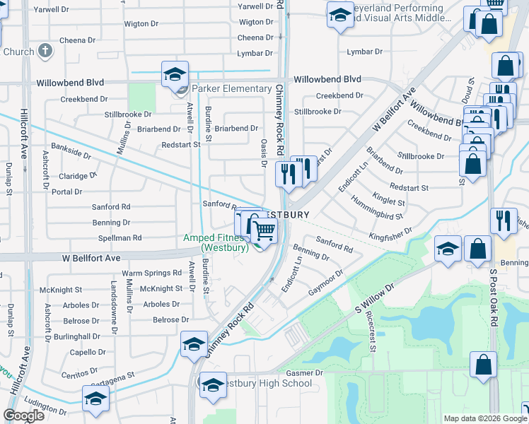 map of restaurants, bars, coffee shops, grocery stores, and more near 5303 Spellman Road in Houston