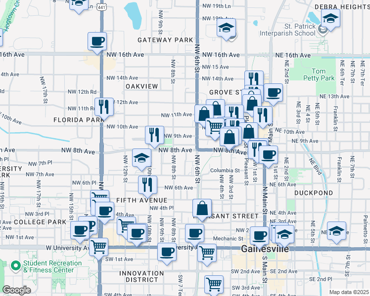 map of restaurants, bars, coffee shops, grocery stores, and more near 703 Northwest 8th Place in Gainesville