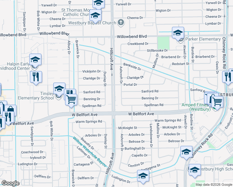 map of restaurants, bars, coffee shops, grocery stores, and more near 11019 Hillcroft Street in Houston
