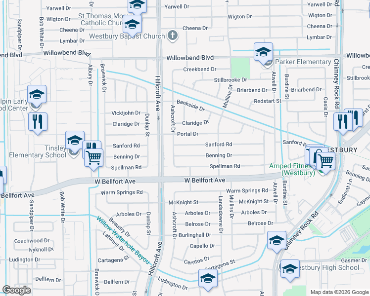 map of restaurants, bars, coffee shops, grocery stores, and more near 5807 Sanford Road in Houston
