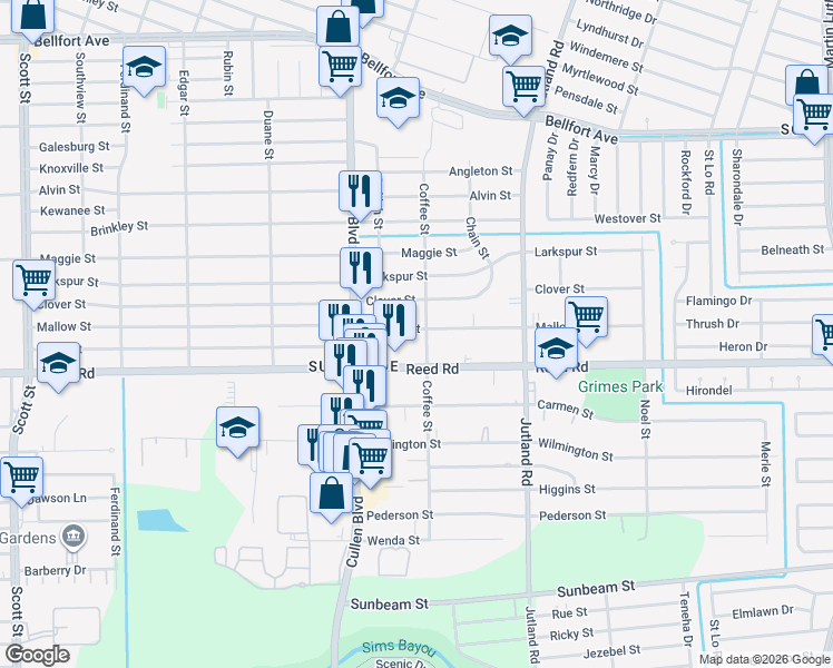 map of restaurants, bars, coffee shops, grocery stores, and more near 4742 Mallow Street in Houston