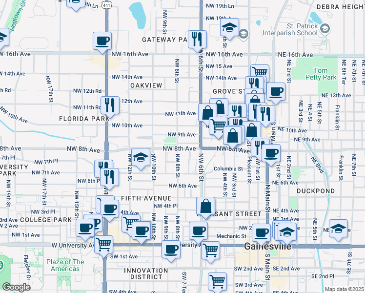 map of restaurants, bars, coffee shops, grocery stores, and more near 726 Northwest 8th Avenue in Gainesville