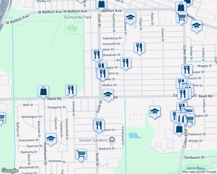 map of restaurants, bars, coffee shops, grocery stores, and more near 4118 Mallow Street in Houston