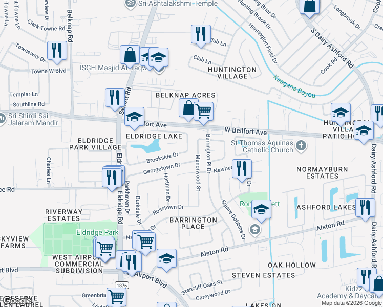 map of restaurants, bars, coffee shops, grocery stores, and more near 2602 Long Leaf Drive in Sugar Land