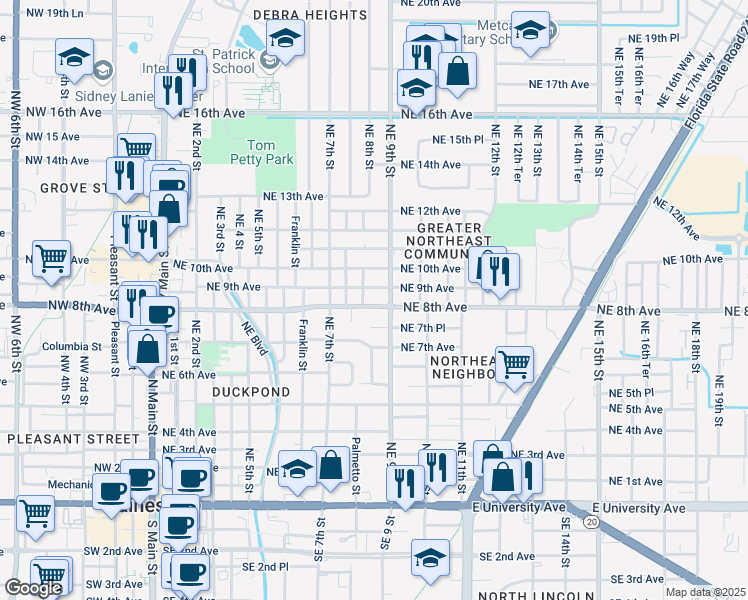 map of restaurants, bars, coffee shops, grocery stores, and more near 812 Northeast 8th Avenue in Gainesville