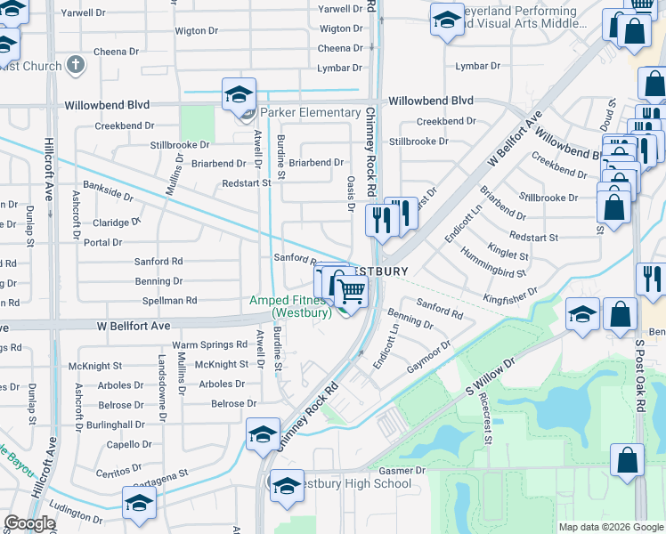 map of restaurants, bars, coffee shops, grocery stores, and more near 5303 Spellman Road in Houston