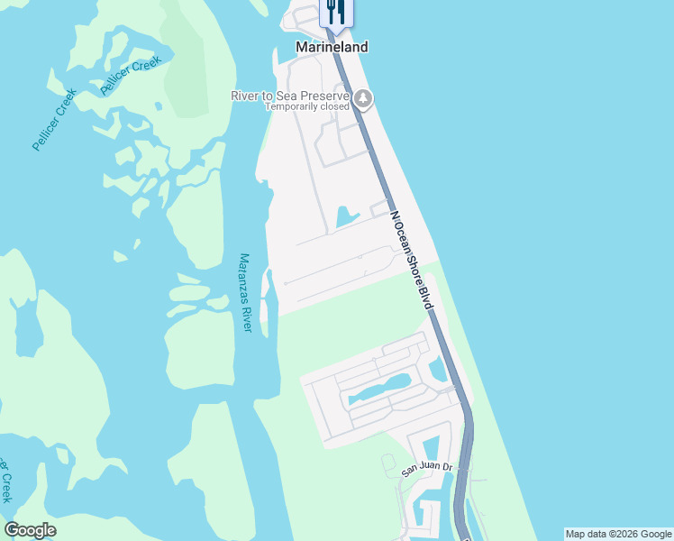 map of restaurants, bars, coffee shops, grocery stores, and more near 18 Deerwood Street in Palm Coast