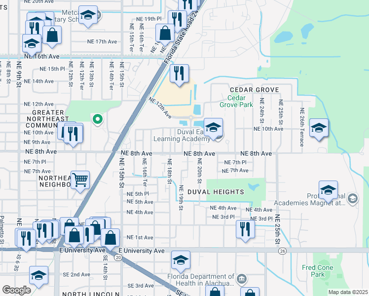 map of restaurants, bars, coffee shops, grocery stores, and more near 809 Northeast 19th Street in Gainesville
