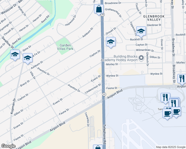 map of restaurants, bars, coffee shops, grocery stores, and more near 7427 Evans Street in Houston