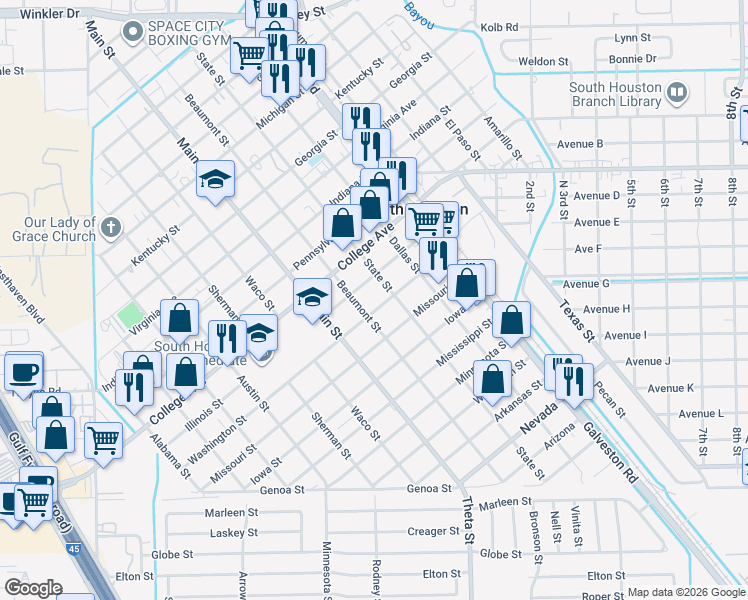 map of restaurants, bars, coffee shops, grocery stores, and more near 716 Illinois Street in South Houston
