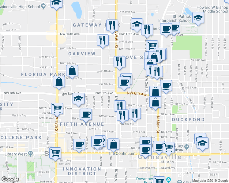 map of restaurants, bars, coffee shops, grocery stores, and more near 810 Northwest 8th Avenue in Gainesville