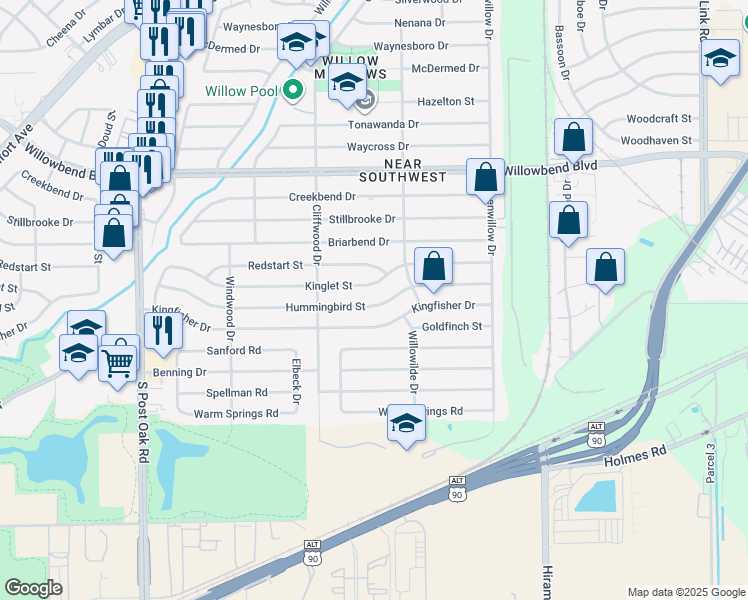 map of restaurants, bars, coffee shops, grocery stores, and more near 4530 Hummingbird Street in Houston