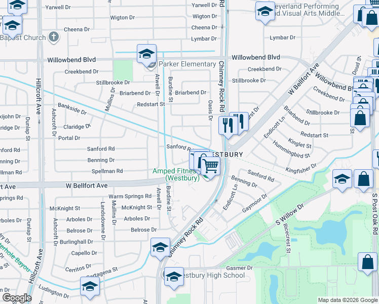 map of restaurants, bars, coffee shops, grocery stores, and more near 5415 Sanford Road in Houston
