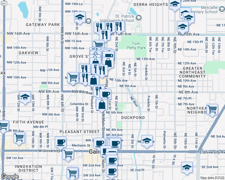 map of restaurants, bars, coffee shops, grocery stores, and more near 801 Northeast 2 Street in Gainesville