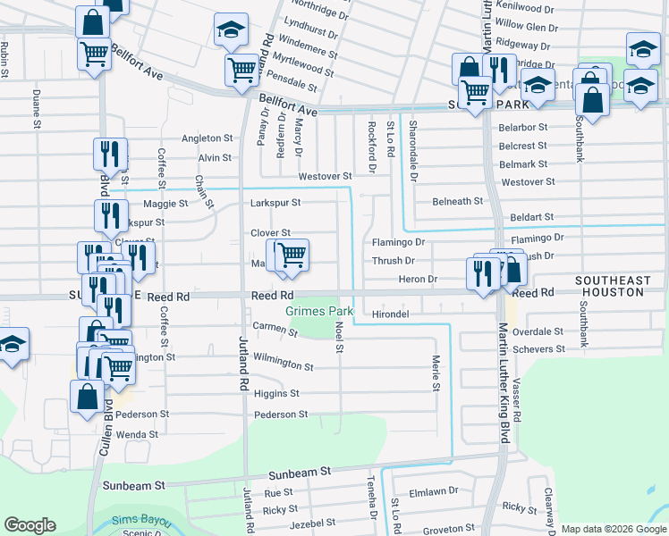 map of restaurants, bars, coffee shops, grocery stores, and more near 5140 Mallow Street in Houston