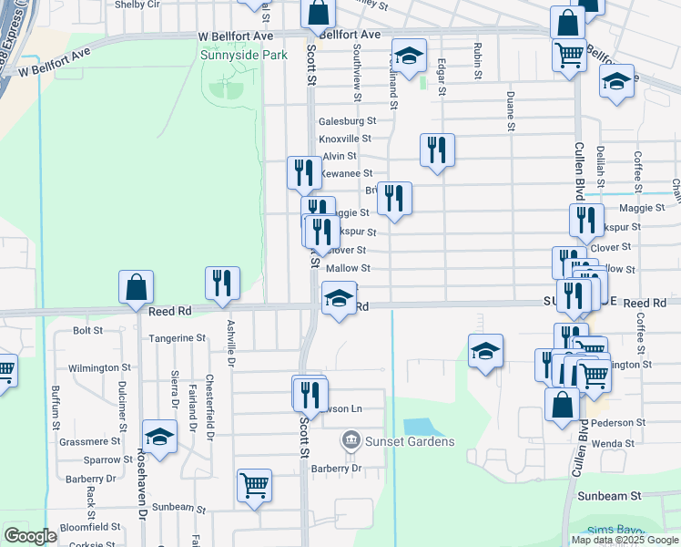 map of restaurants, bars, coffee shops, grocery stores, and more near 4118 Mallow Street in Houston