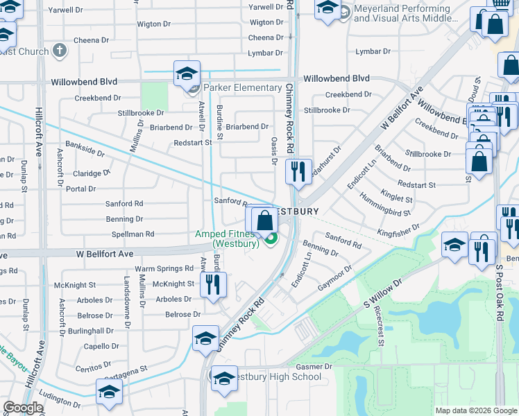 map of restaurants, bars, coffee shops, grocery stores, and more near 5303 Spellman Road in Houston