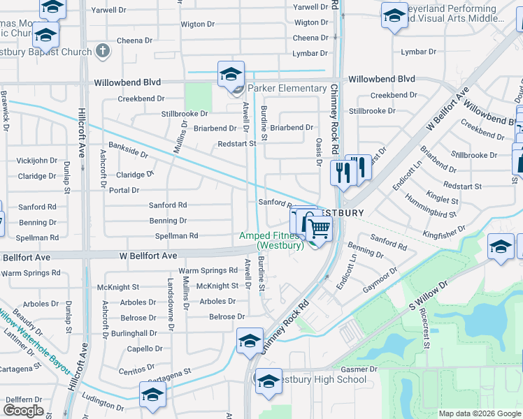 map of restaurants, bars, coffee shops, grocery stores, and more near 11111 Burdine Street in Houston