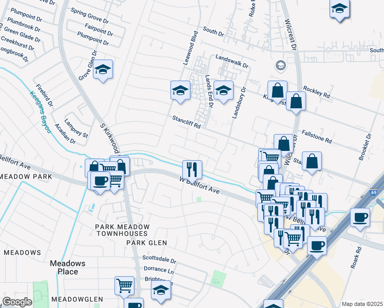 map of restaurants, bars, coffee shops, grocery stores, and more near 10703 Landover Lane in Houston