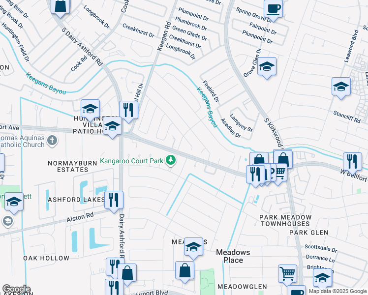 map of restaurants, bars, coffee shops, grocery stores, and more near 12219 Ashling Drive in Stafford