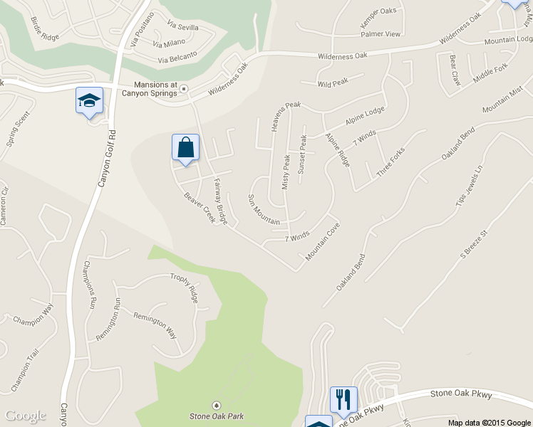 map of restaurants, bars, coffee shops, grocery stores, and more near 1519 Sun Mountain in San Antonio