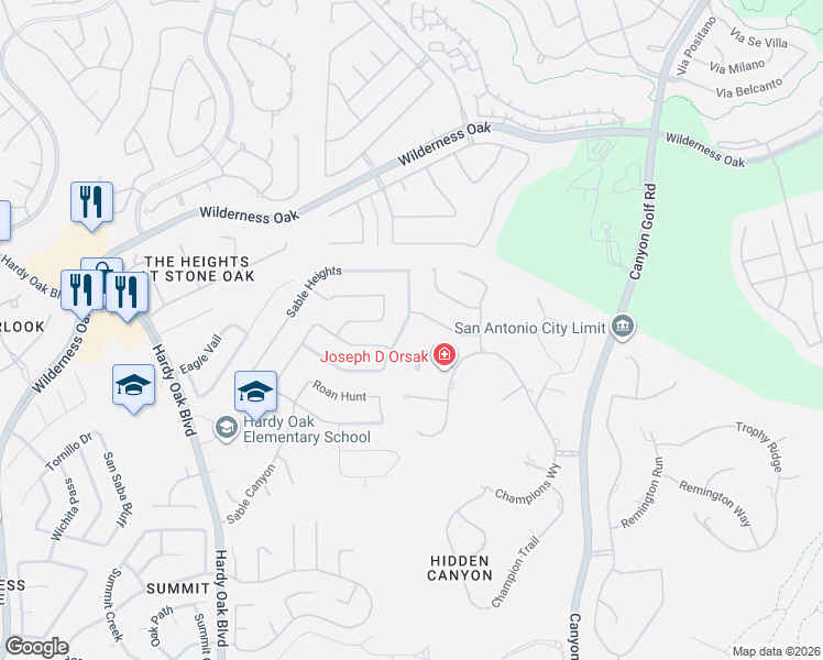 map of restaurants, bars, coffee shops, grocery stores, and more near 130 Lantana Way in San Antonio