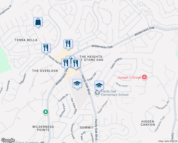 map of restaurants, bars, coffee shops, grocery stores, and more near 130 Lindseys Cove in San Antonio