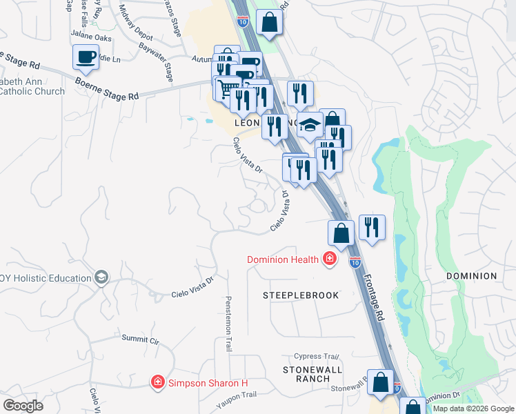 map of restaurants, bars, coffee shops, grocery stores, and more near 23702 Jenkins Hill in San Antonio