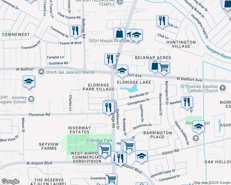 map of restaurants, bars, coffee shops, grocery stores, and more near 2627 West Lake Drive in Sugar Land