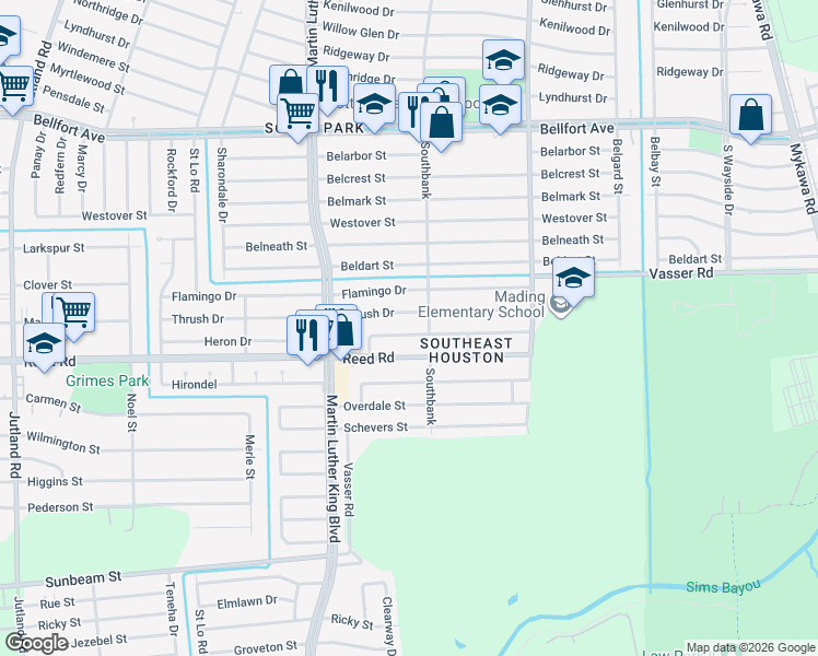 map of restaurants, bars, coffee shops, grocery stores, and more near 5747 Heron Drive in Houston