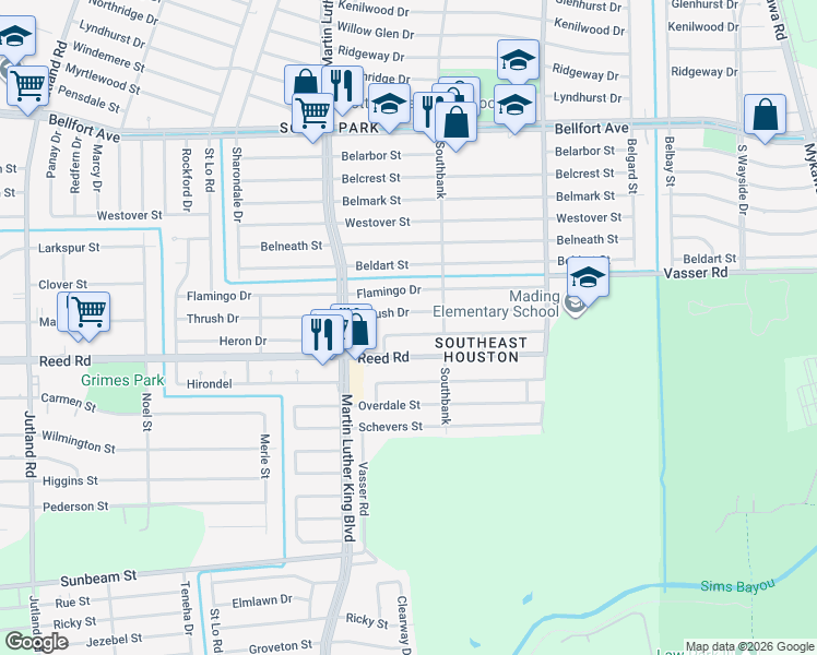 map of restaurants, bars, coffee shops, grocery stores, and more near 5747 Heron Drive in Houston