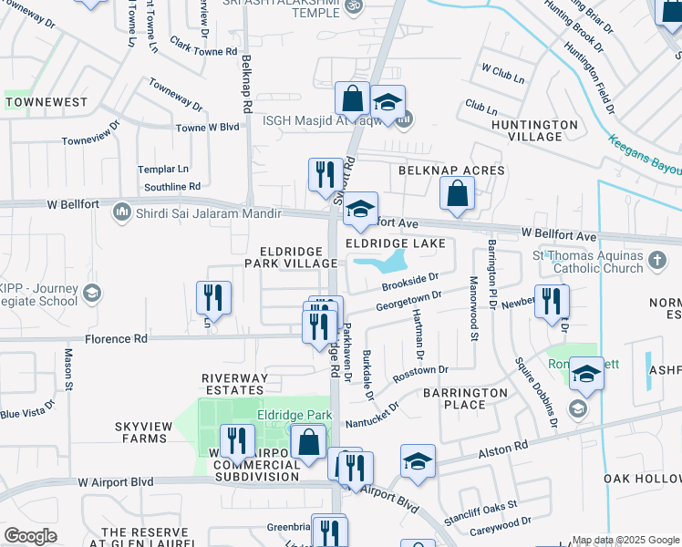 map of restaurants, bars, coffee shops, grocery stores, and more near 2627 West Lake Drive in Sugar Land