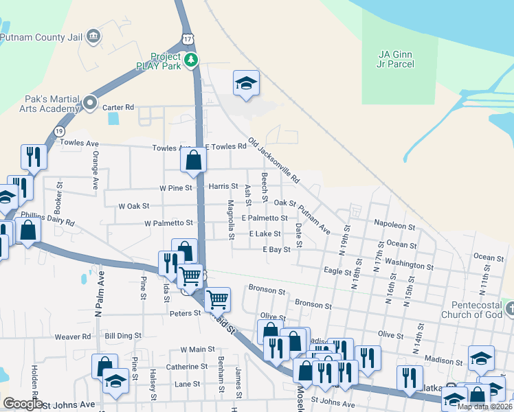 map of restaurants, bars, coffee shops, grocery stores, and more near 305 East Oak Street in Palatka