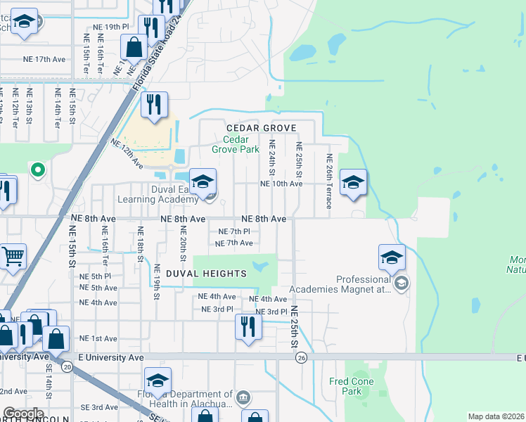 map of restaurants, bars, coffee shops, grocery stores, and more near 809 Northeast 23rd Street in Gainesville