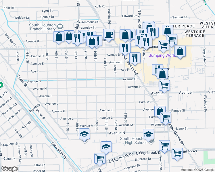map of restaurants, bars, coffee shops, grocery stores, and more near 1101 Avenue H in South Houston
