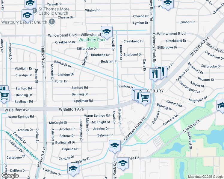 map of restaurants, bars, coffee shops, grocery stores, and more near 11106 Atwell Drive in Houston