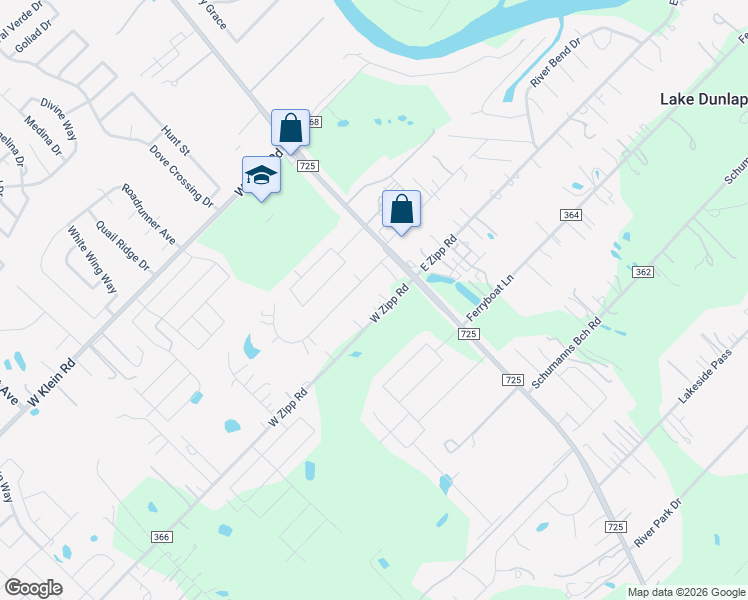map of restaurants, bars, coffee shops, grocery stores, and more near 140 West Zipp Road in New Braunfels