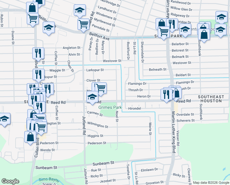 map of restaurants, bars, coffee shops, grocery stores, and more near 5140 Mallow Street in Houston