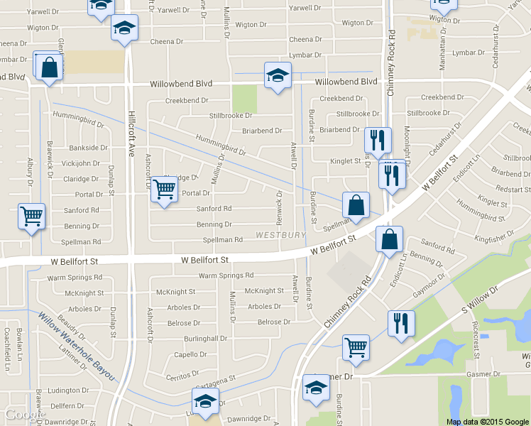 map of restaurants, bars, coffee shops, grocery stores, and more near 5531 Sanford Road in Houston