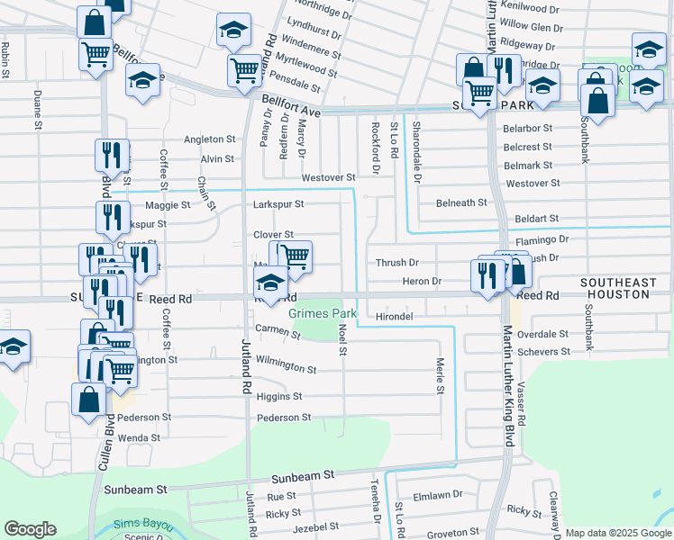 map of restaurants, bars, coffee shops, grocery stores, and more near 5140 Mallow Street in Houston