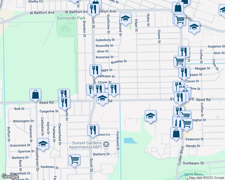 map of restaurants, bars, coffee shops, grocery stores, and more near 4206 Mallow Street in Houston