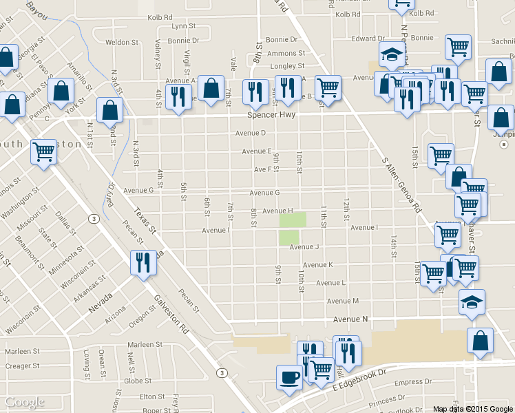 map of restaurants, bars, coffee shops, grocery stores, and more near 801 Avenue H in South Houston