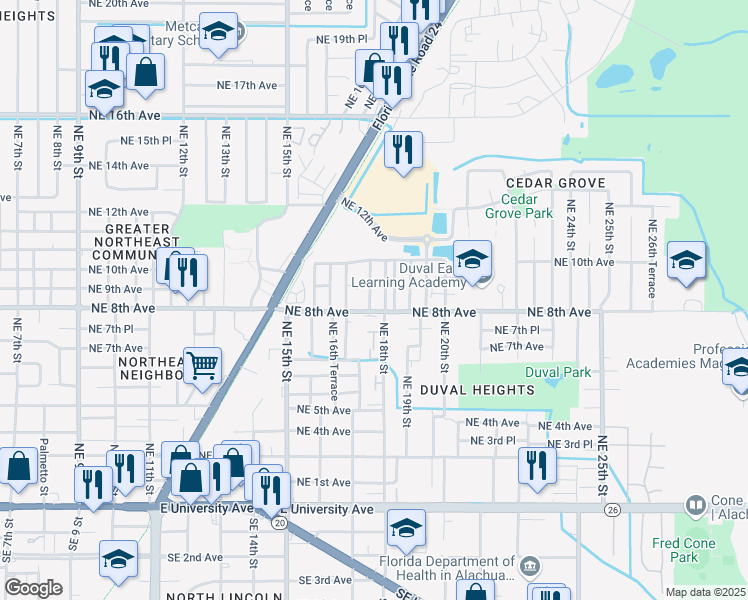 map of restaurants, bars, coffee shops, grocery stores, and more near 813 Northeast 17th Drive in Gainesville