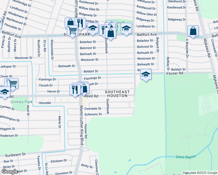map of restaurants, bars, coffee shops, grocery stores, and more near 5803 Heron Drive in Houston