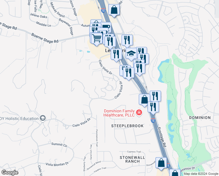 map of restaurants, bars, coffee shops, grocery stores, and more near 23702 Jenkins Hill in San Antonio