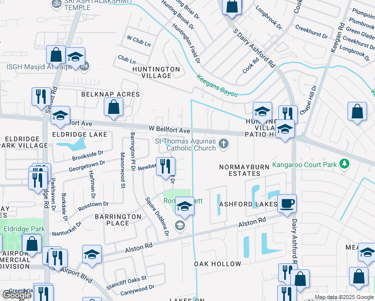 map of restaurants, bars, coffee shops, grocery stores, and more near 12703 Paleo Court in Sugar Land