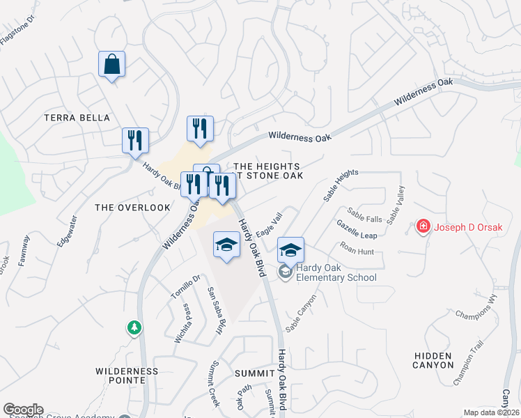 map of restaurants, bars, coffee shops, grocery stores, and more near 130 Lindseys Cove in San Antonio