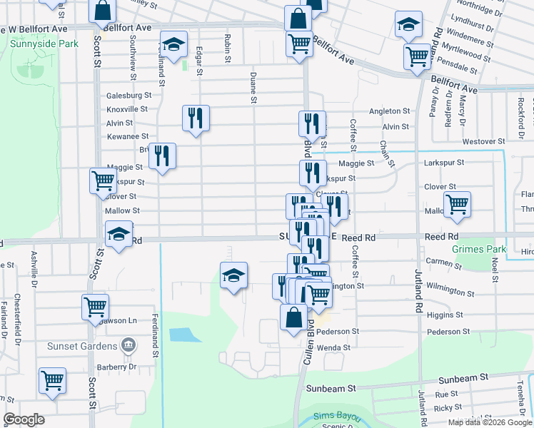 map of restaurants, bars, coffee shops, grocery stores, and more near 4614 Mallow Street in Houston